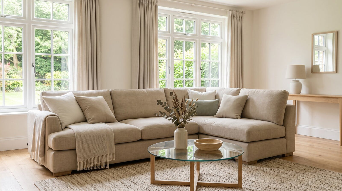Modern living room with a large corner sofa and natural light.