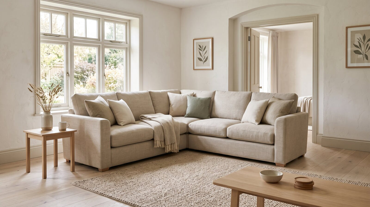 A modern corner sofa in a bright and uncluttered living room setting.