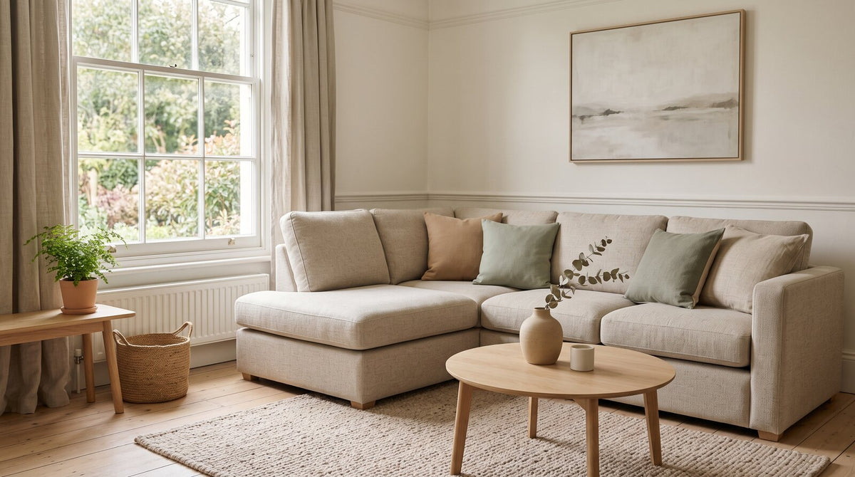 A comfortable corner sofa in a bright and airy living room with neutral decor and a plush rug.