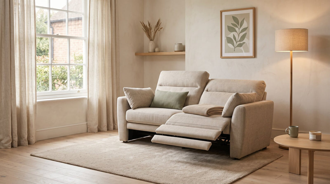 A comfortable recliner sofa with its footrest raised in a cosy living room.
