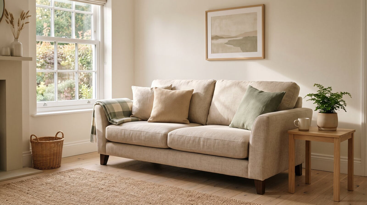 A pristine sofa in a bright, cosy living room setting.
