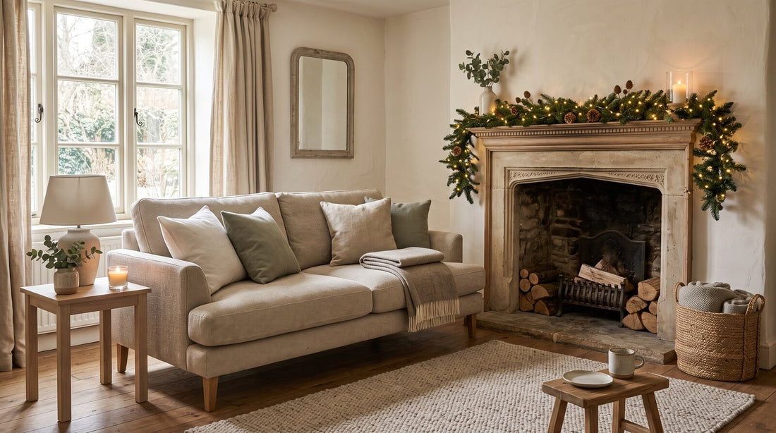 Cosy living room with a modern fabric sofa and subtle festive lighting.