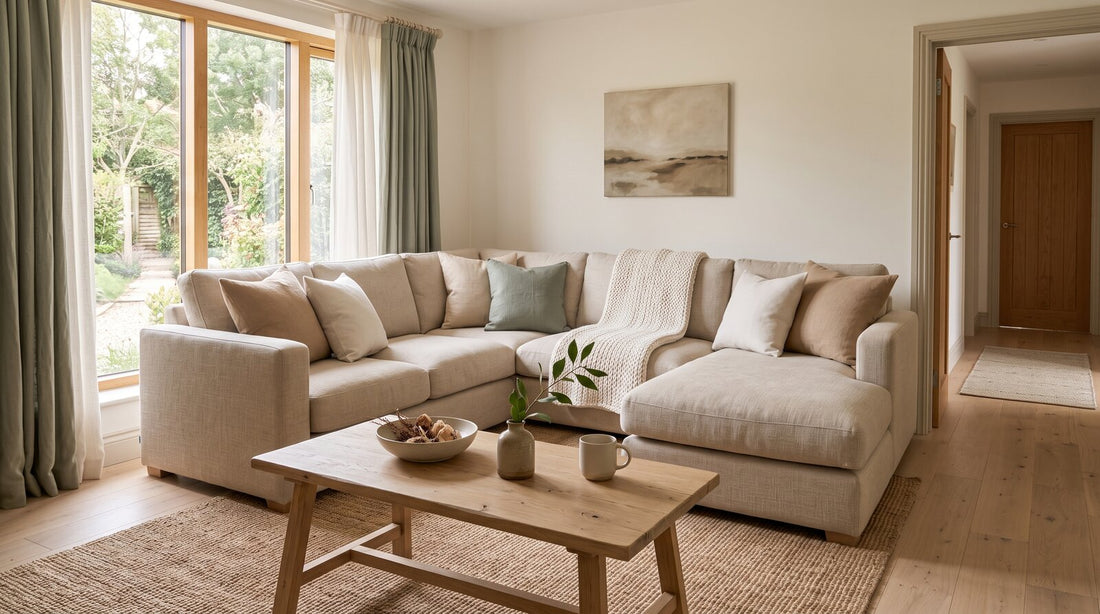 Cosy living room with a large U-shape sofa in neutral colours.
