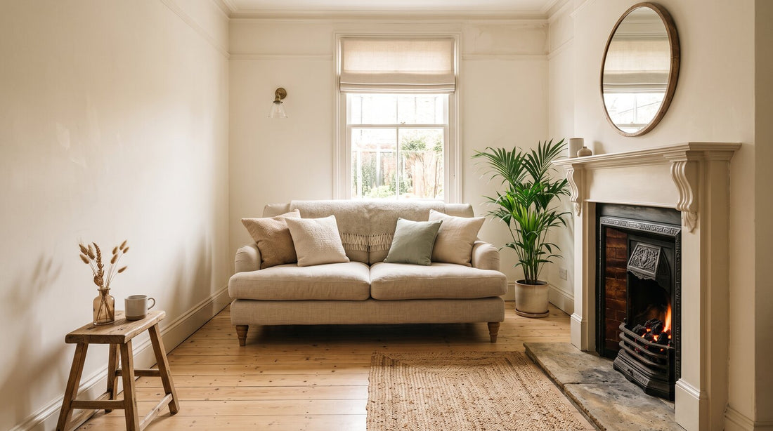 Narrow terraced living room with a two-seater sofa facing a fireplace.