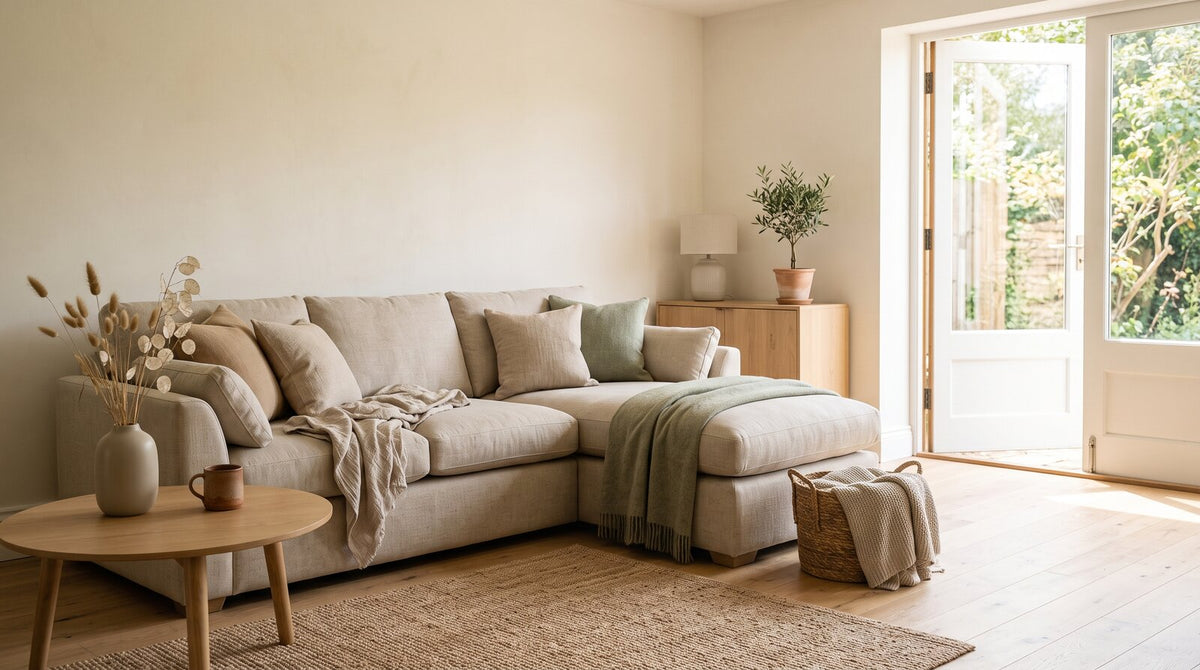 A comfortable corner sofa in a bright living room with neutral walls.