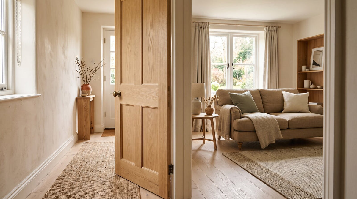 An open wooden doorway looking from a bright hallway into a cosy living room.