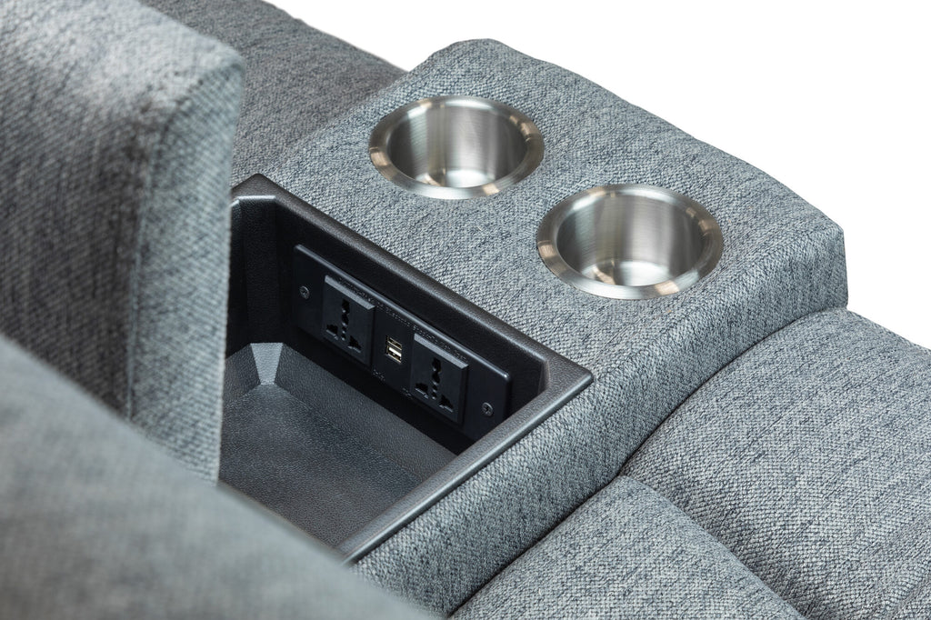 Linden Electric Recliner Sofa Grey 2 Seater cup holders and sockets