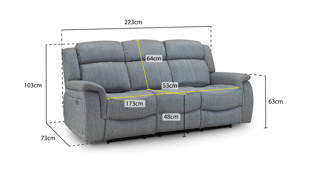 Linden Electric Recliner Sofa Grey 3 Seater dimensions