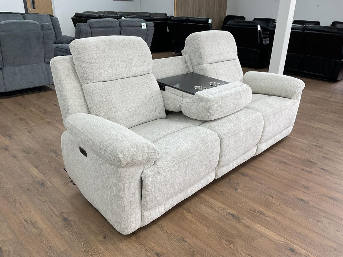 Owen Electric Recliner Sofa 3 Seater reclined with the tray, Beige