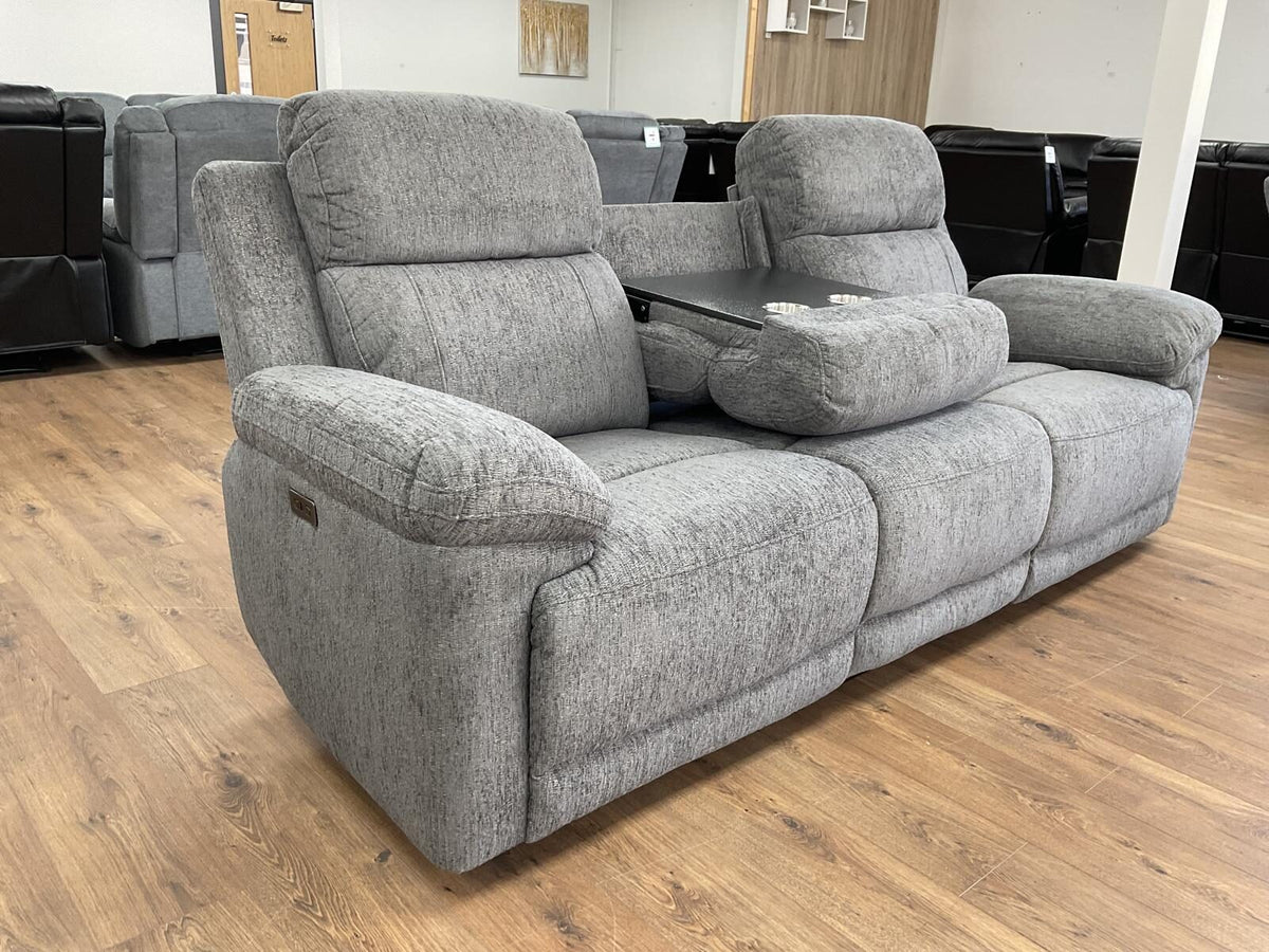 Owen Electric Recliner Sofa 3 Seater reclined with the tray, Grey